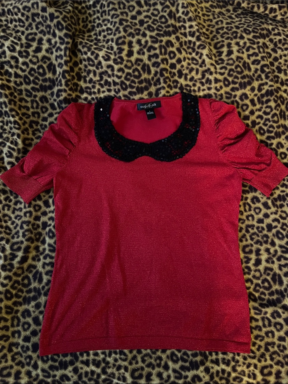August silk Red Short Sleeve Top with Black Sequin Peter Pan Collar, L